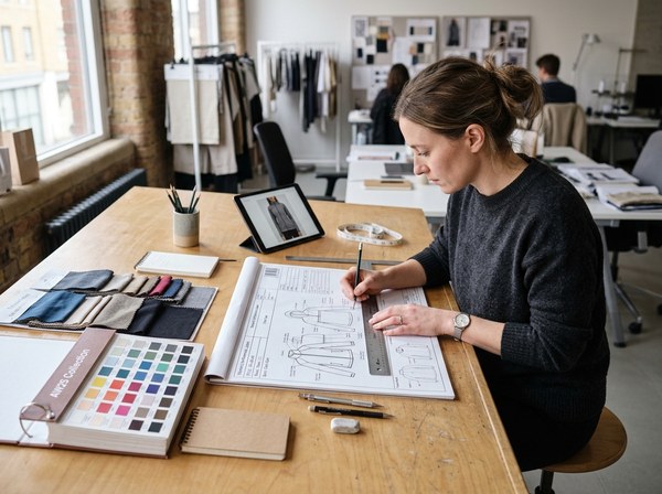 Apparel designer working on technical sketches and patterns