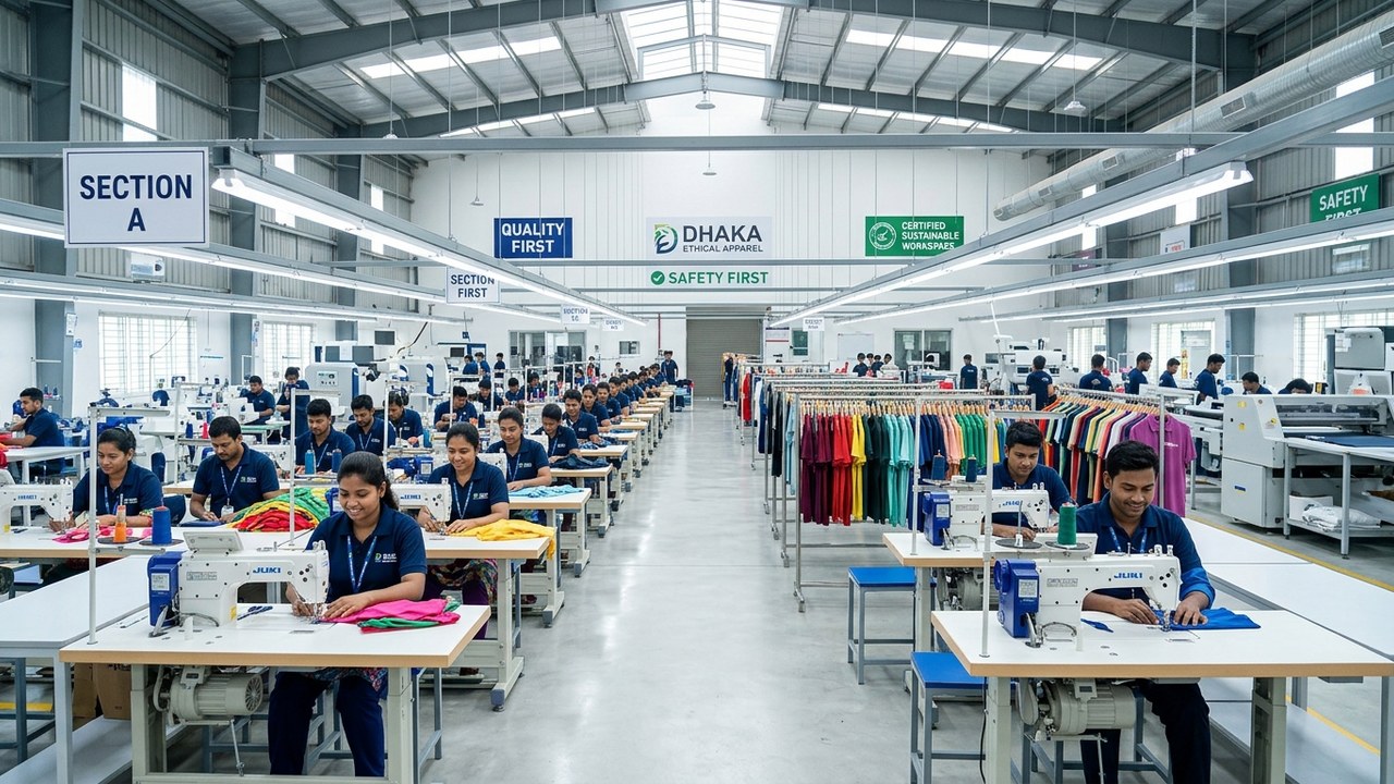 Machine operators sewing on the production line of an apparel factory