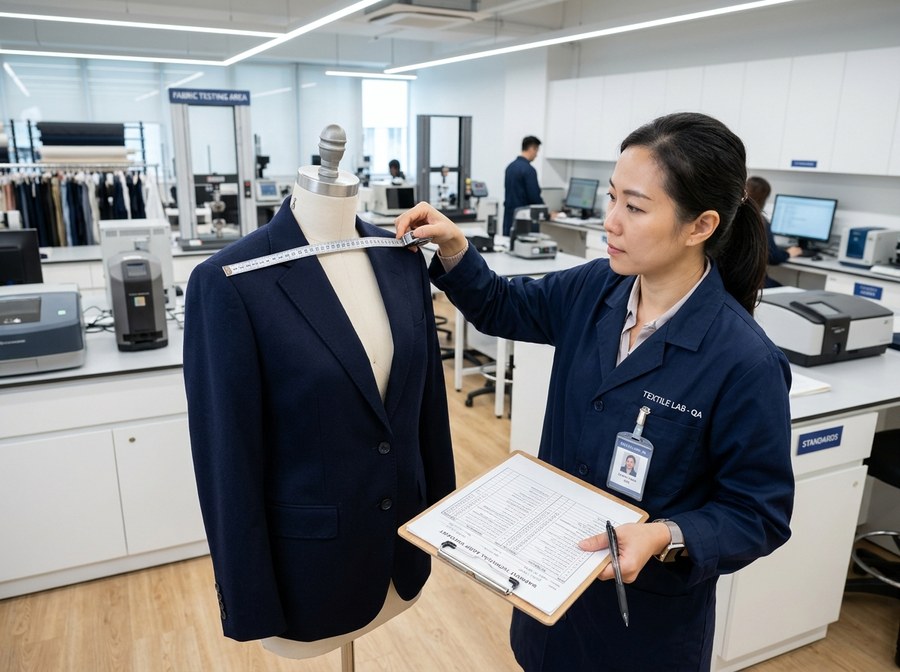 Quality inspectors checking garments against specification