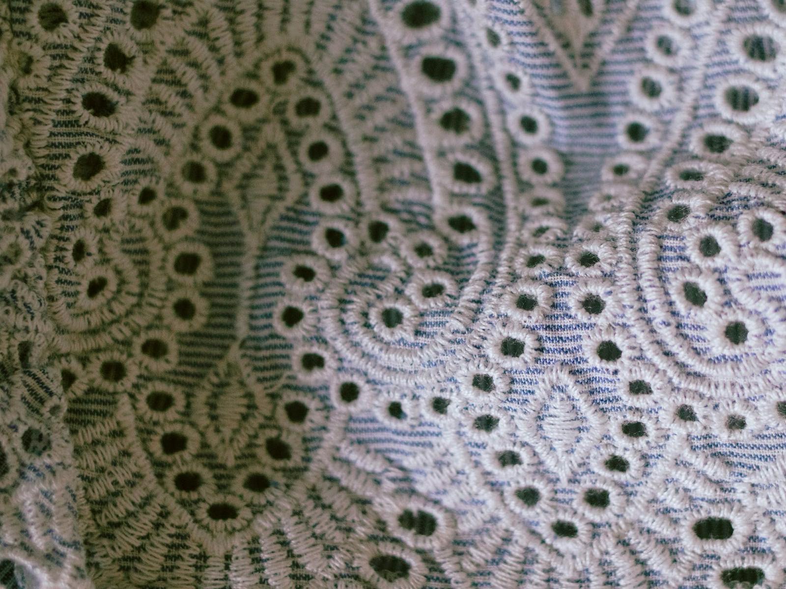 Close-up of an embroidered openwork fabric