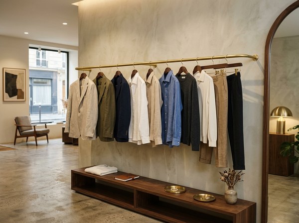 Finished garments in a range of colours on a rail