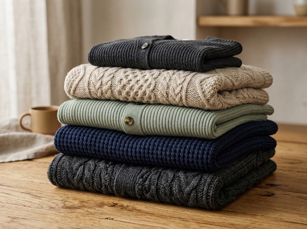 Folded knitted sweaters showing rib and waffle structures